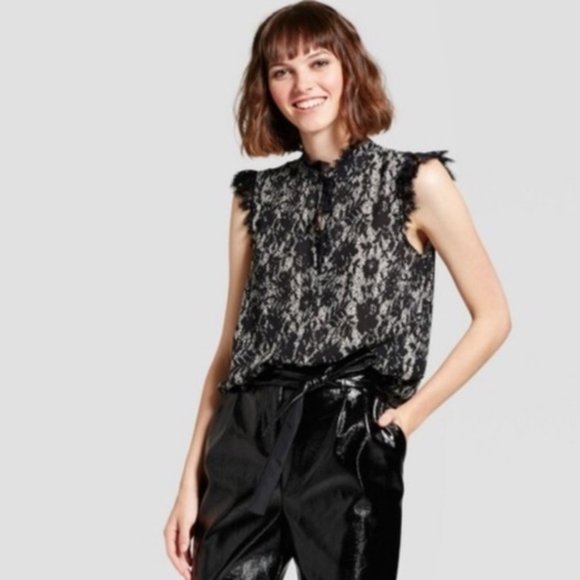 Who What Wear Lace Trim High Neck Top Black/Cream - Picture 1 of 7